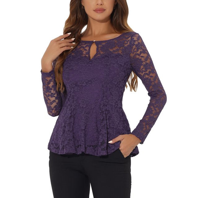 INSPIRAR CHIC Blusa de Mujer con Encaje y Abertura Frontal, Peplum, Manga Larga Transparente, Color Púrpura