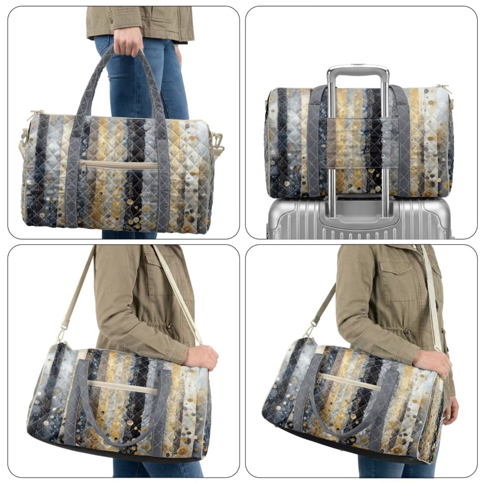 Chririnla Versatile Weekender Bag for Man Women Unisex Gym Bag with Quilted Fabric & Luggage Handle Strap Fits Under Seat, Watercolor Stripe Print