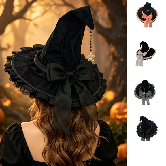 Dongrere Witch Hat, Lace Brim Wizard Hat for Women Halloween Party Costume Accessory, Black