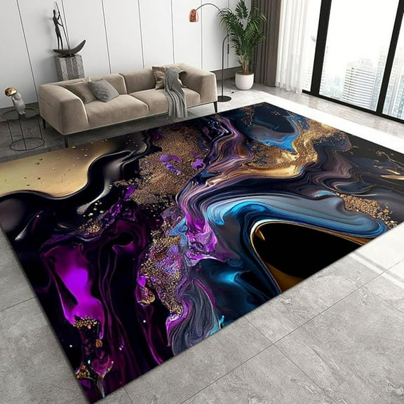Nordic Luxury Art Area Carpet, Modern Abstract Noble Purple Blue Gold Marble Area Rug, Non-Slip Washable Soft Low Pile Easy Clean Mat For Living Room Bedroom Entryway Hallway 5x7ft