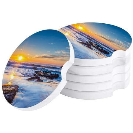 

KXMDXA Beach Sunset Blue Sky Landscape Set of 2 Car Coaster for Drinks Absorbent Ceramic Stone Coasters Cup Mat with Cork Base for Home Kitchen Room Coffee Table Bar Decor