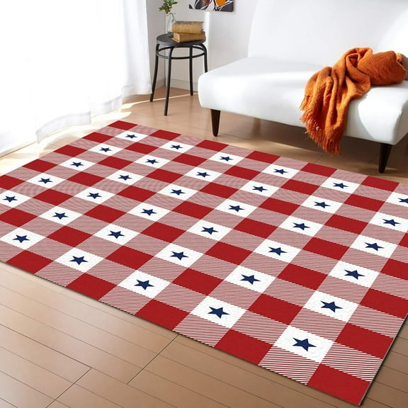 Blue Star Buffalo Checker Independence Area Rugs 5'x7', Day Durable Non Slip Rug Carpet for Bedroom Bedside Outdoor Red White Plaid American Star Flag