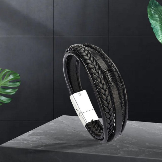 Pulsera de cuero PU para hombre perfecl brazalete de 20cm suave y cómoda de llevar Metal plateado negro