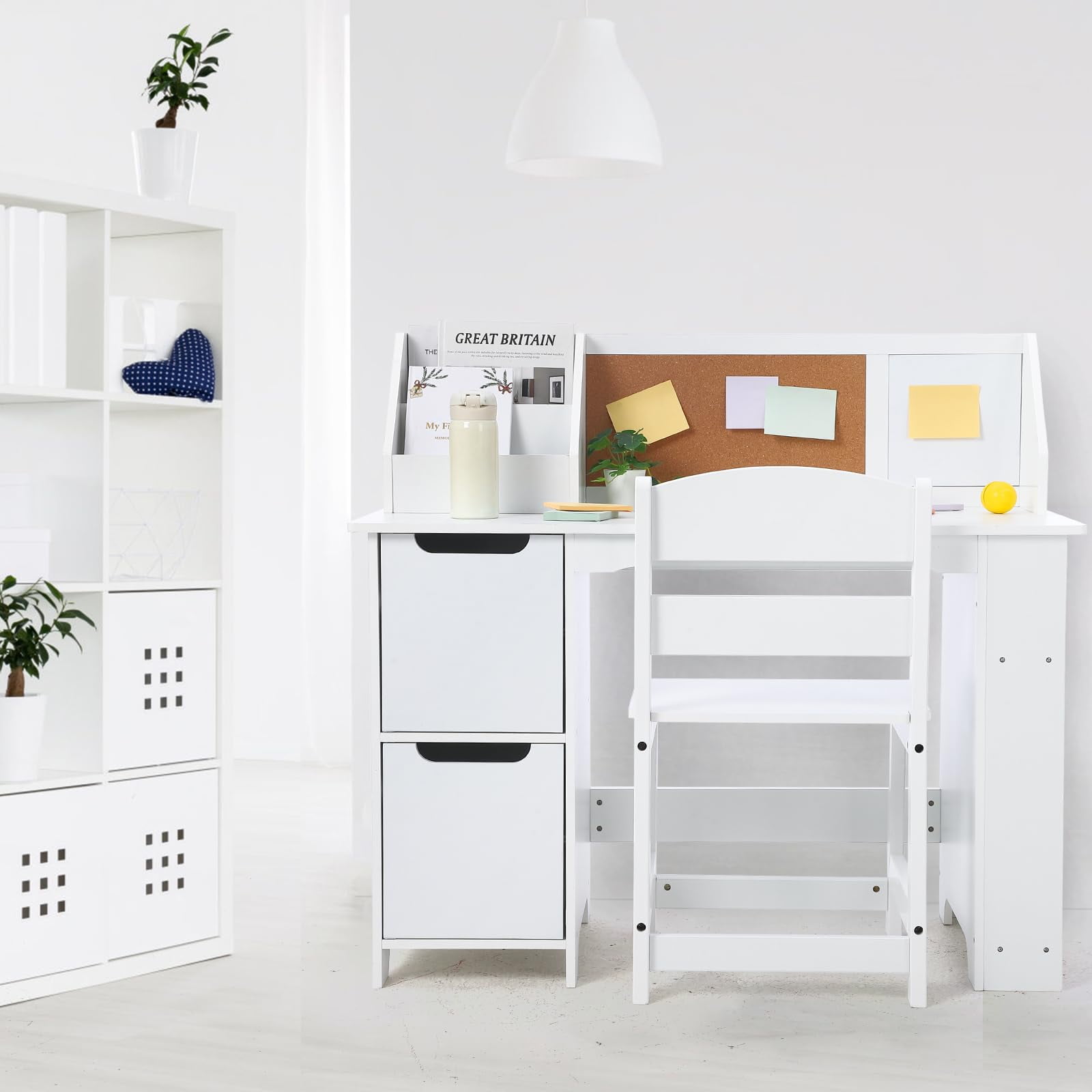 TROPOW Kids Study Desk and Chair Set, Wooden School Learning Table with Storage, Hutch and Bulletin Board, Children Computer Desk with Chair, Small Toddler Desk for Home, School, White