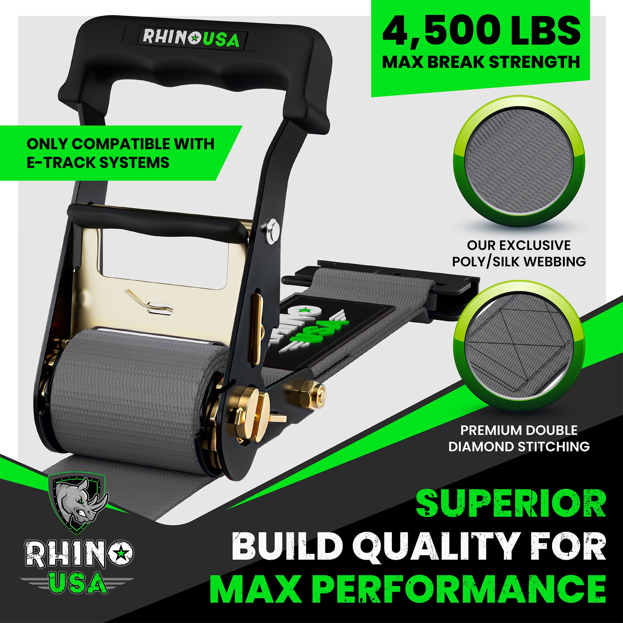 Rhino USA E Track Ratchet Tie Down Straps (4,500lb Break Strength) - Includes (2) Premium 2" x 16' eTrack Tie Downs - Ultimate Heavy Duty eTrack Cargo Strap System for Trailer, Truck, Motorcycle