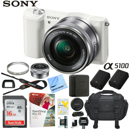 Sony a5100 Alpha Mirrorless Digital Camera 24MP DSLR (White) w/ 16-50mm Lens ILCE-5100L/W with Extra Battery Case 16GB Memory Deluxe Pro