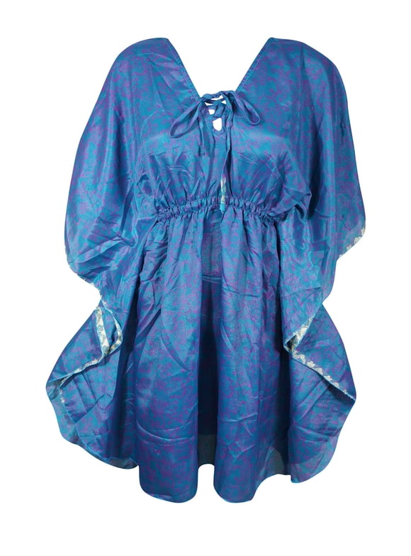 Mogul Short Tunic Caftan Blue Floral Dresses M-XL