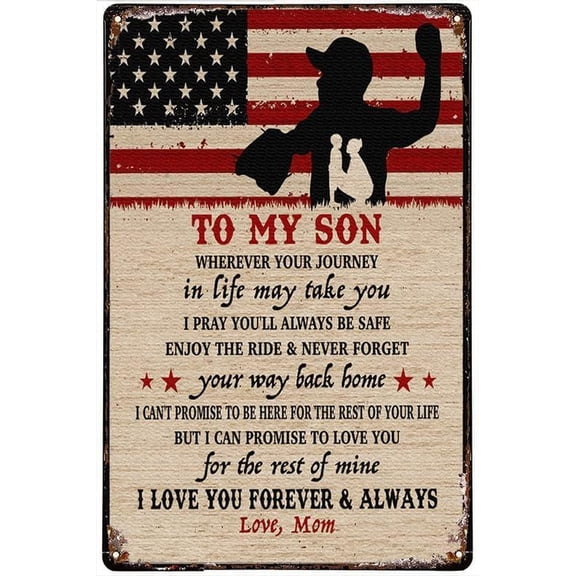 Mom to Son I Love You Forever Always Baseball USA Flag Vintage Metal Tin Sign, 8x12 Inch Wall Decor for Home, Bars, Restaurants, Cafes, Pubs