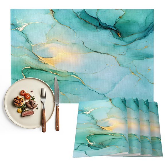 Teal Marble Placemats Set of 6, Abstract Art Modern Ink Painting Washable Wipeable Table Mats for Dining Tables, Indoor Outdoor Kitchen Place Mats for Holiday Party Table Decor