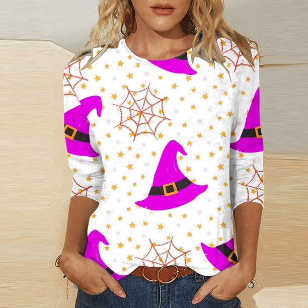 Fiudx Camisetas para Mujer Camiseta Estampada de Halloween a La Moda para Mujer, Blusa de Mangas 3/4, Tops Informales con Cuello Redondo
