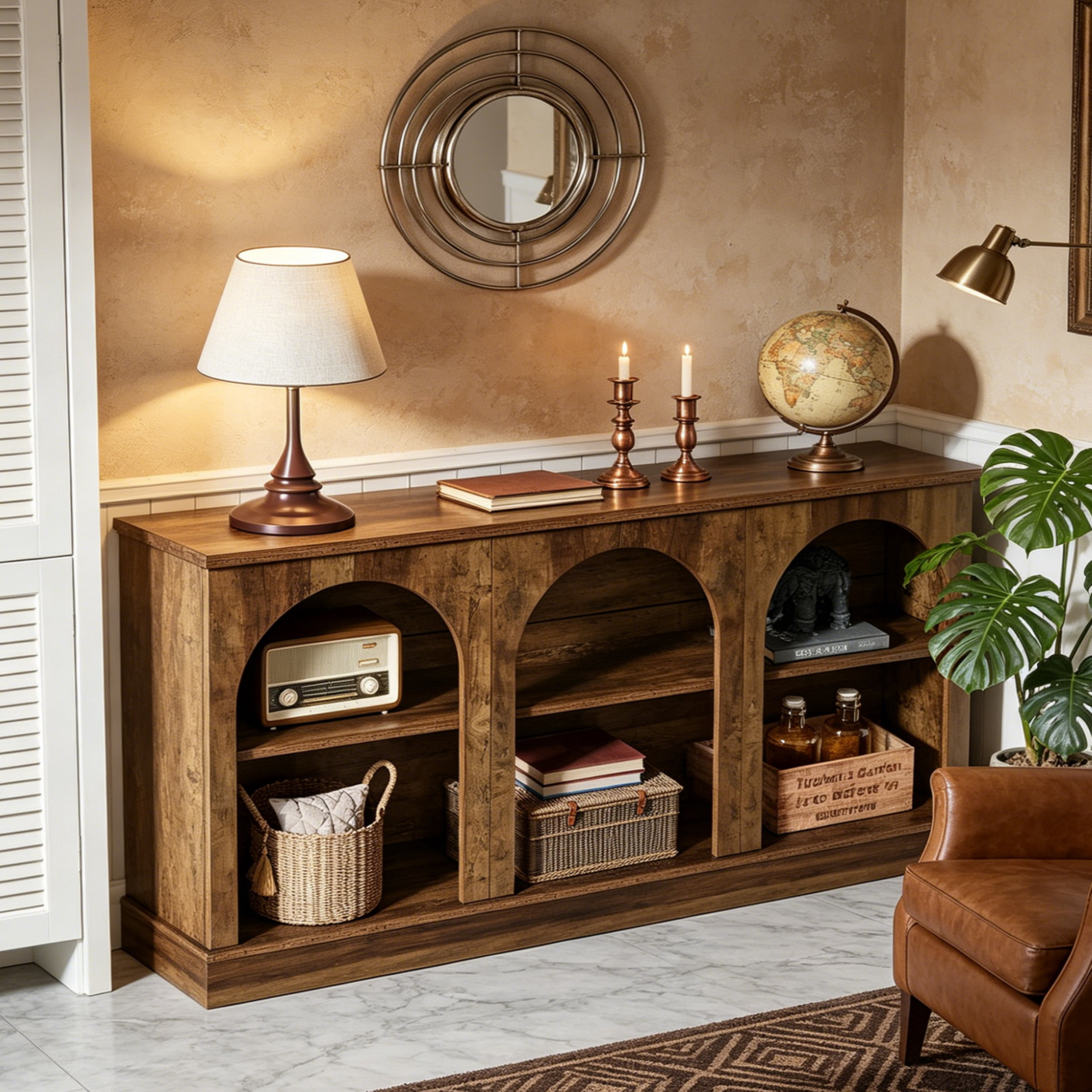 Fnova 63" Farmhouse Console Table, Wooden Entryway Table with 3-Tier Storage, Rectangular Sofa Table for Entrance, Hallway, Living Room, Behind Couch
