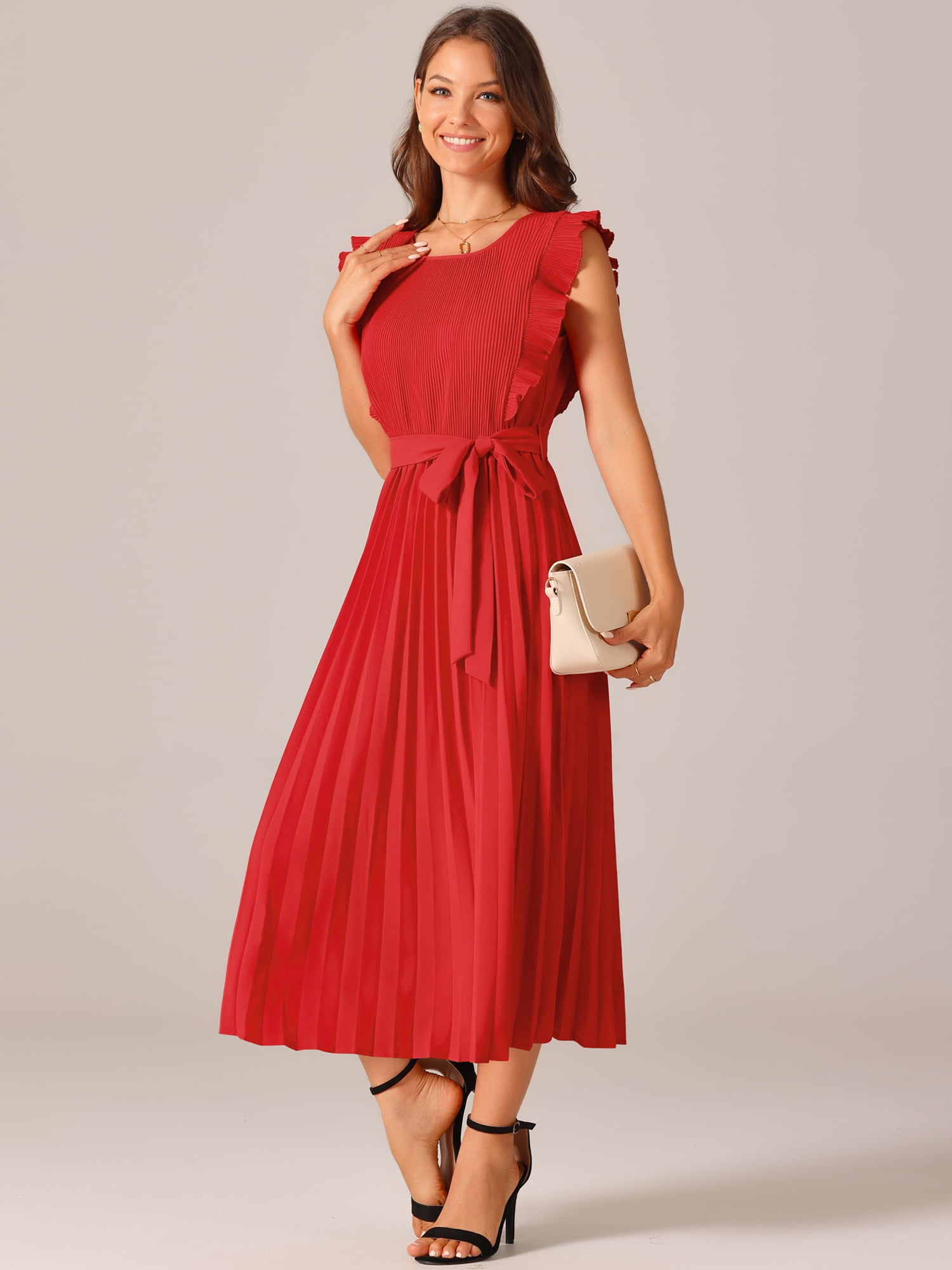 DARING DIVA Women's Ruffle Sleeveless Midi Dress with Tie Waist Belt 2XL Red
