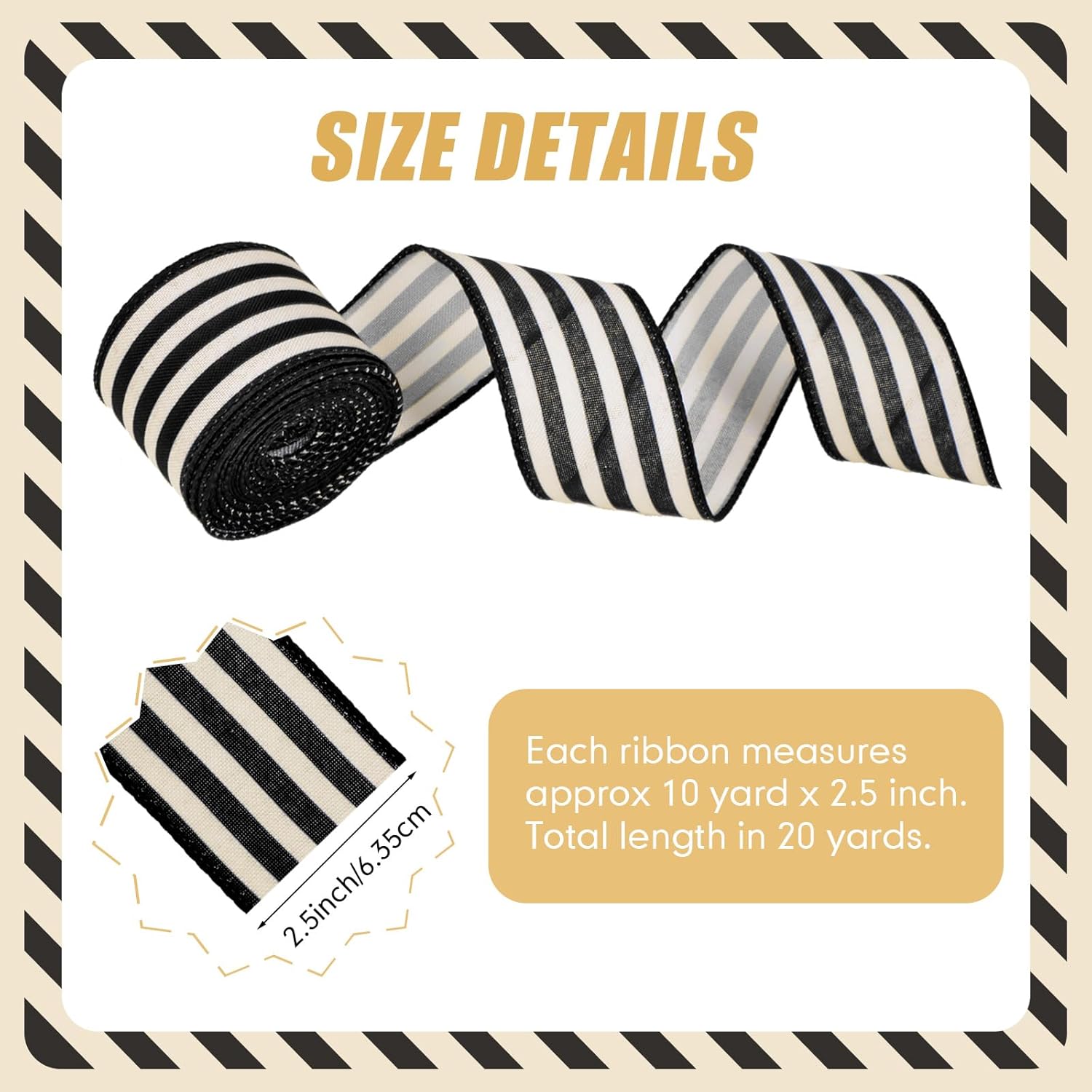 2 Rolls Black and Cream White Stripe Wired Edge Ribbon Halloween Rustic Ivory Boho Black and White Ribbon for Christmas Party Gift Wrapping Bow DIY Craft Home Decor(2.5 Inch, 20 Yard)