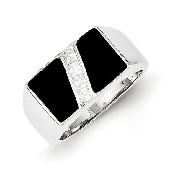 Sterling Silver Rhodium-plated Men's CZ and Onyx Ring QR1278