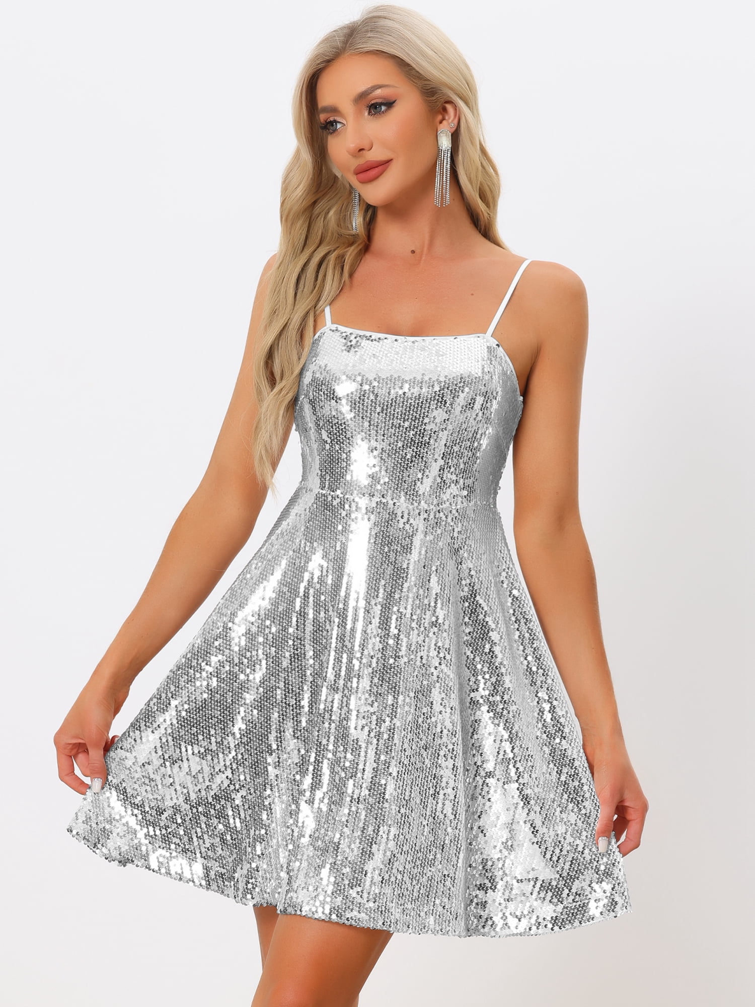 DARING DIVA Glitter Sequin Dress Spaghetti Strap Dress S Silver