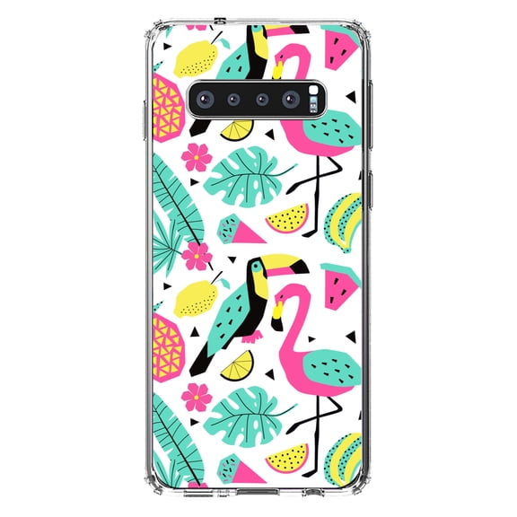 DistinctInk Clear Shockproof Hybrid Case for Samsung Galaxy S10 (6.1" Screen) - TPU Bumper, Acrylic Back, Tempered Glass Screen Protector - Summer Graphics - Flamingo Toucan Pineapple