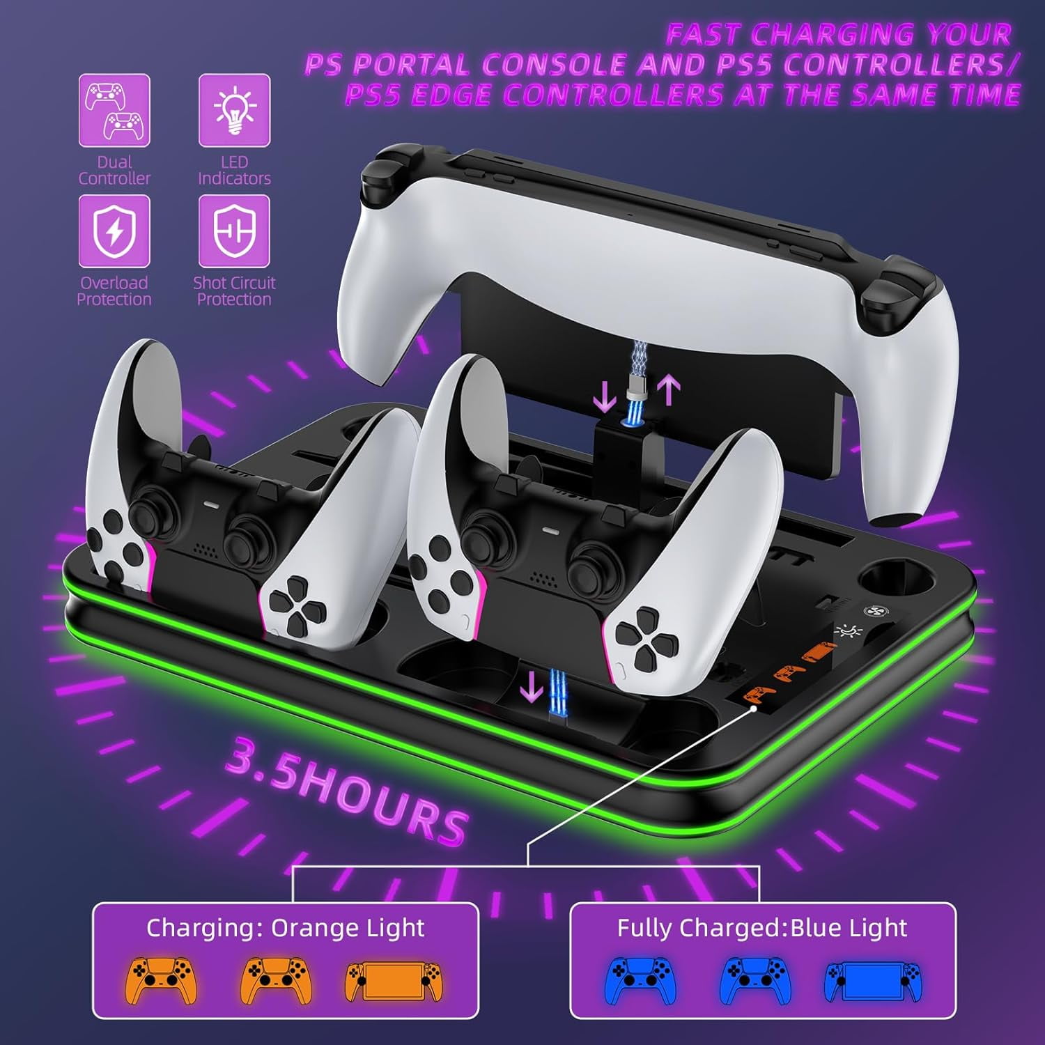 Stand and Cooling Station for PS5/ Slim/ Pro with RGB LED Controller Charging Dock Accessories, Charger for PlayStation 5 Controller and PS Portal Console Headset and Remote Holders (Black)