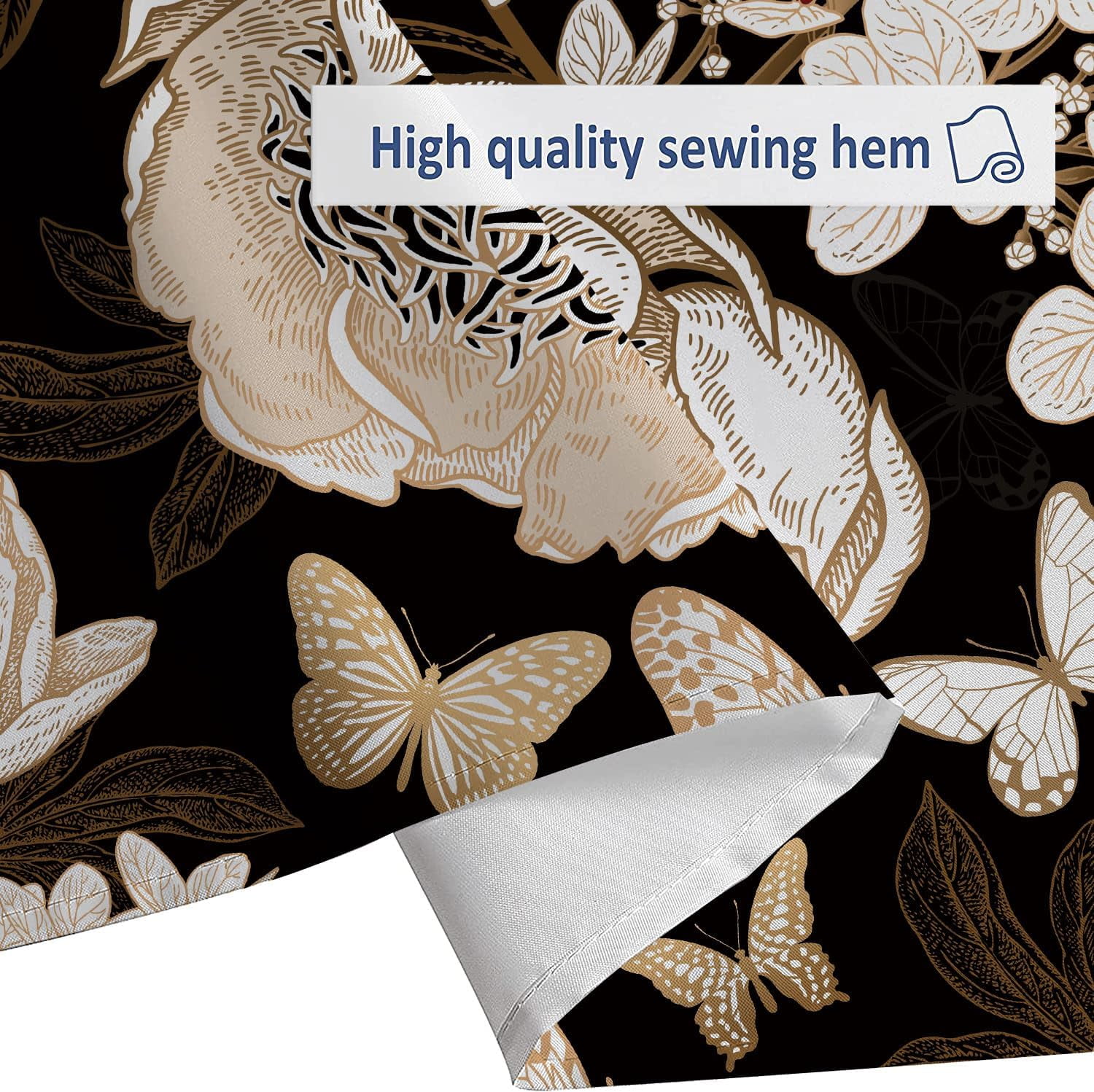 Black and Gold Floral Butterfly Shower Curtain, Boho Dark Flowers Botanical Aesthetic Shower Curtain for Bathroom with Hook, Vintage Moth Farmhouse Unique Chic Shower Curtain Set with Hooks 72X72