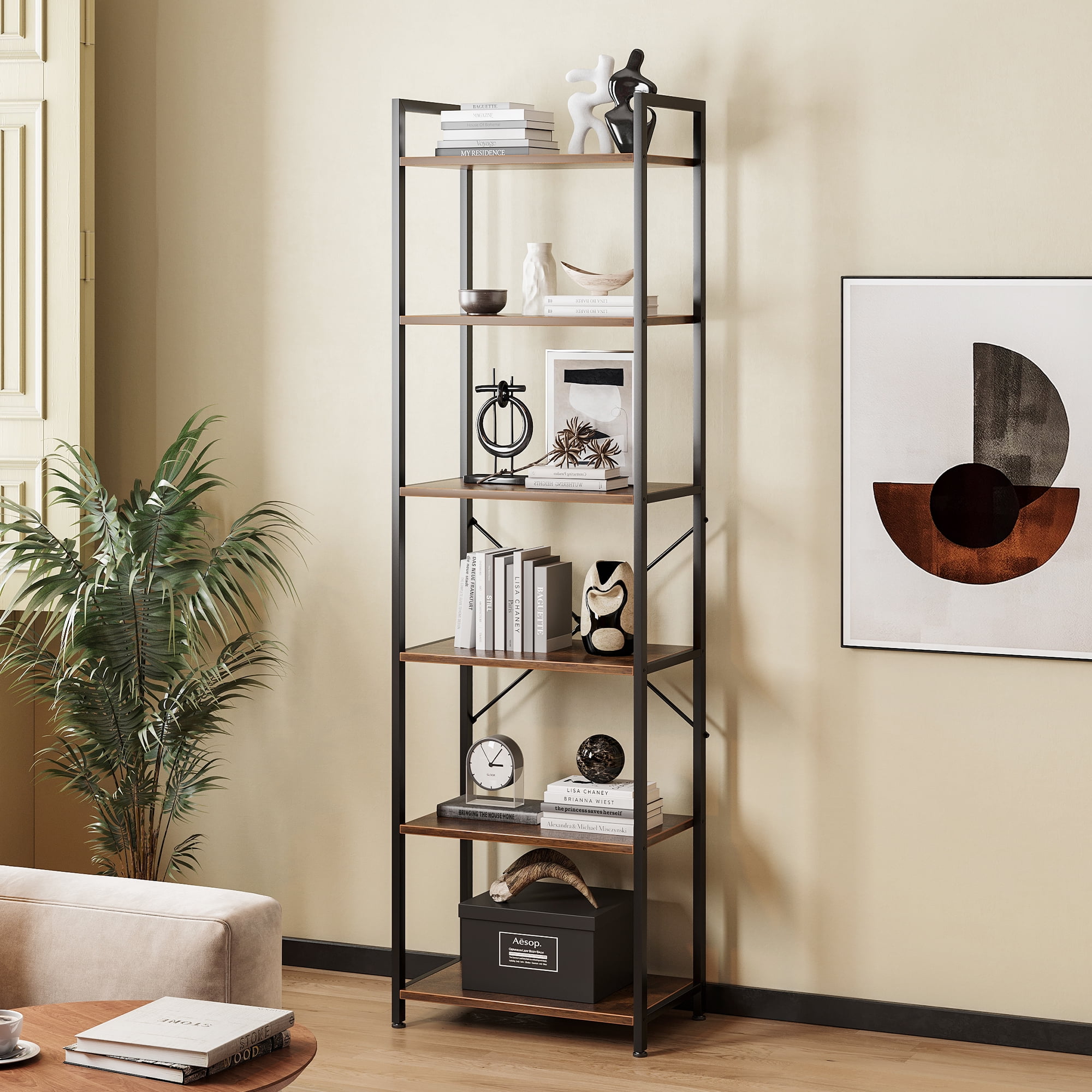 Casacomoda Book Shelf Set of 2, 6 Tier Bookcase, Storage Shelf, Industrial Bookcase for CDs, Photos, Books, Modern Bookshelf for Home Office, Living Room, Kitchen, Bedroom, Rust Brown