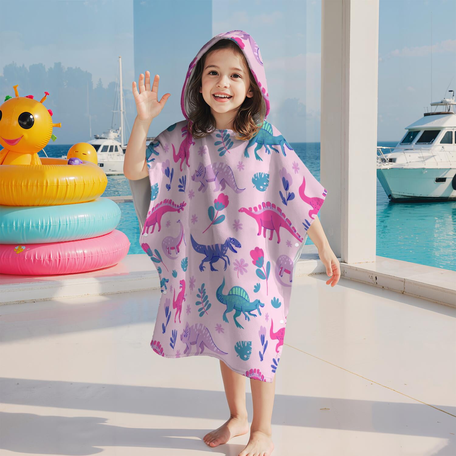 Hooded Kids Beach Towels - Toddler Bath Towel Girls Boys Swimming Cover-ups for Ages 2 to 6 Kids Pool Towels Quick Dry Lightweight Soft Microfiber Poncho Towel 28x28 (Dinosaur Pattern)