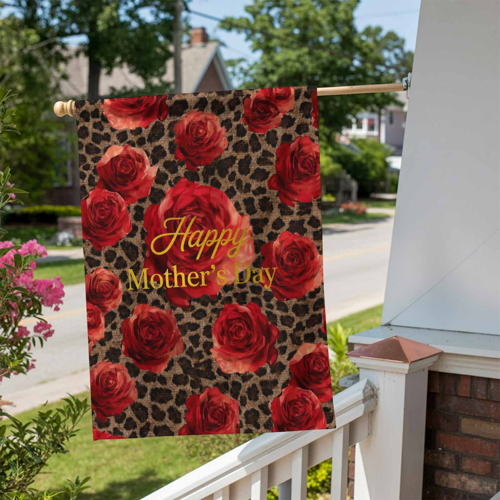 Happy Mother's Day House Flag 28 x 40 Inches, Red Roses Romantic Flower Brown Leopard Weather Proof Outdoor Patio Flags Double Sided Small House Decoration for Yard Lawn Outside Home
