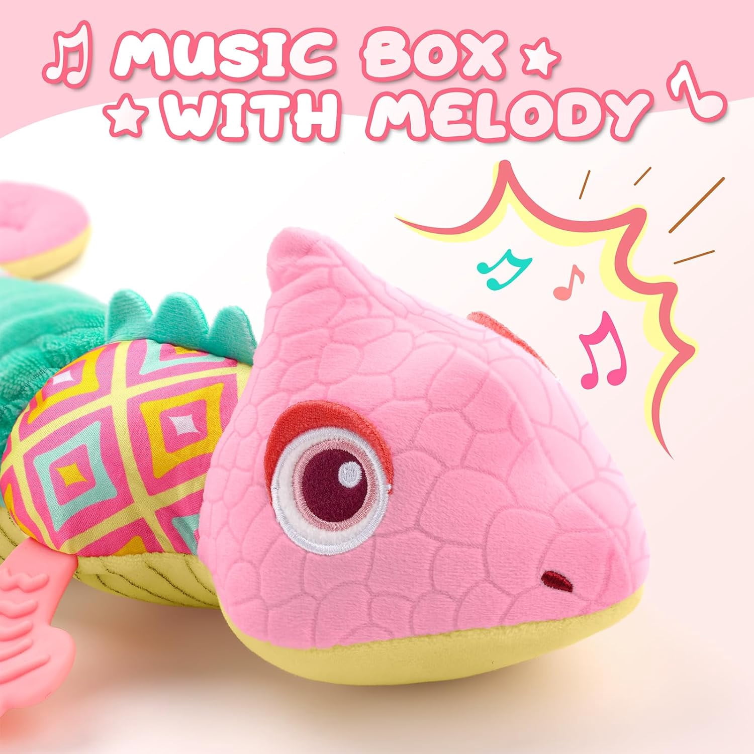 Musical Stuffed Plush Toy with Teether, Rattle & Height Ruler,Baby Sensory Toy for Newborns 0-12 Months, Pink