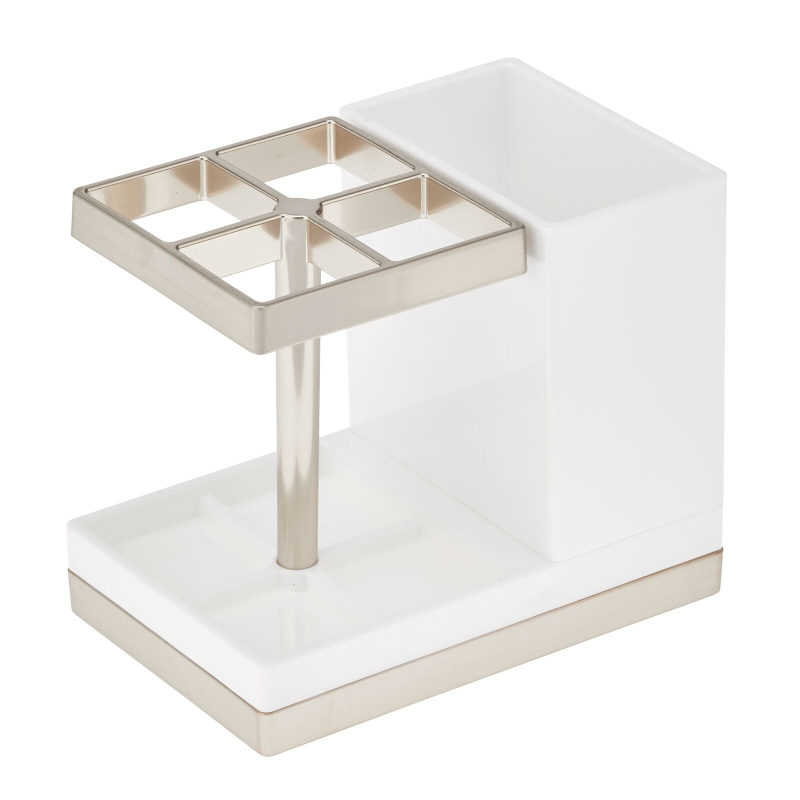 mDesign Plastic Toothbrush and Toothpaste Storage Organizer Holder - Home Decor for Bathroom Countertop - Holds Toiletries and Beauty Accessories - Lumiere Collection - White/Brushed