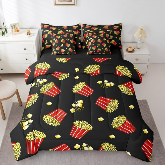 Manfei Cinema Popcorn 7-Piece Twin Bedding Sets,Movie Time Bedding Comforter Set,Red Yellow Black Sheet Sets For Girl,Microfiber Bedroom Decor Reversible