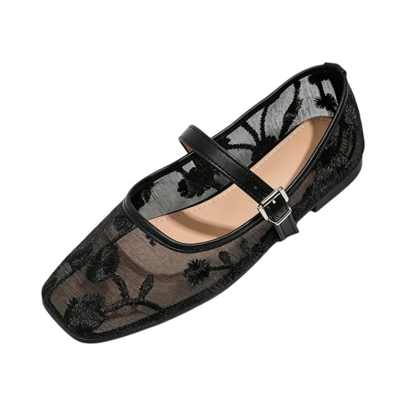 Black Mesh Flats for Women Embroidered with Flowers Mary Jane Shoes Square Toe Ballet Flats Ballerina with Strap Dressy Dress Cute Breathable 36