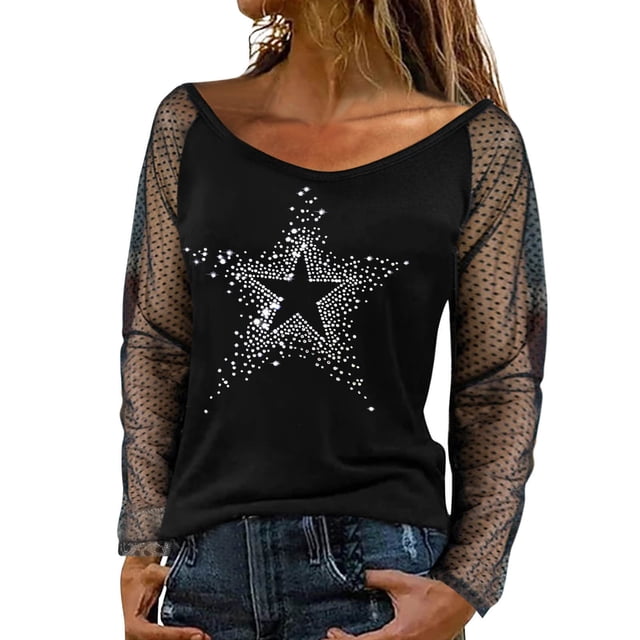 TSADFHJI Hauts de Vacances pour Femmes Grande Taille Léger Chandail Aguichant Manches Longues Design en Filet Rhinestine Col Rond Automne Hiver Décontracté Chemisier à Bretelles pour Fête m Noir
