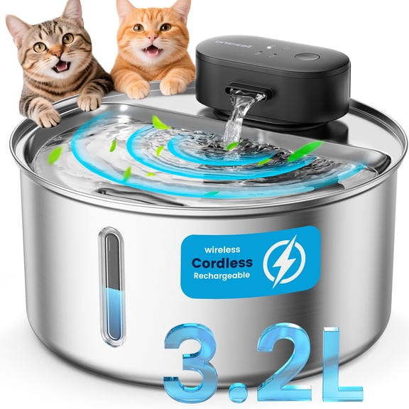 Oneisall CW-05 Stainless Steel Cat Water Fountain Wireless, 3.2L/108oz Low Noise Automatic Water Dispenser for Cats, Triple Filter Cat Fountains for Drinking - Silver