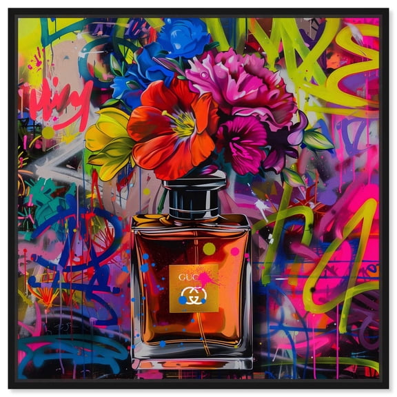 Graffiti Floral Perfume Canvas Graffiti Art by Art Remedy, Black Frame, 12" x 12"