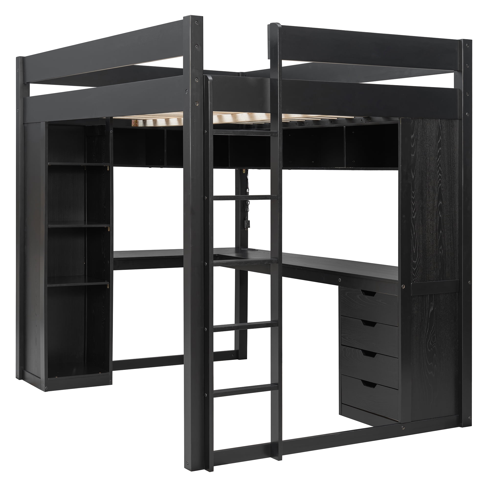 Mintazer Full Loft Bed with L-Shaped Desk & Smart LED Lights and Charge Station, Modern Loft Bed with 4 Storage Drawers & Shelves, Black