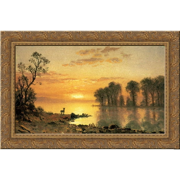 Sunset, Deer, and River 24x18 Gold Ornate Wood Framed Canvas Art by Bierstadt, Albert
