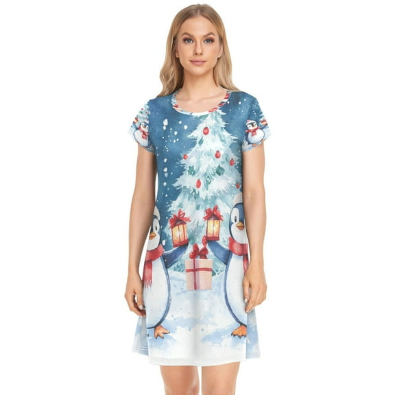 Women's Sleepshirts Two Cute Penguins Nightgowns Sleep for Women Soft House Dresses Night Gown for Ladies
