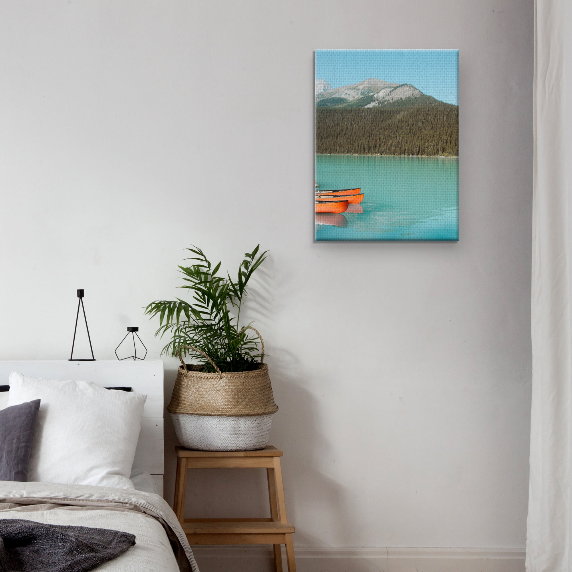 Masterpiece Art Gallery Three Canoes Lakeside Mountain by Michael Heuser Canvas Art Print 18" x 24"
