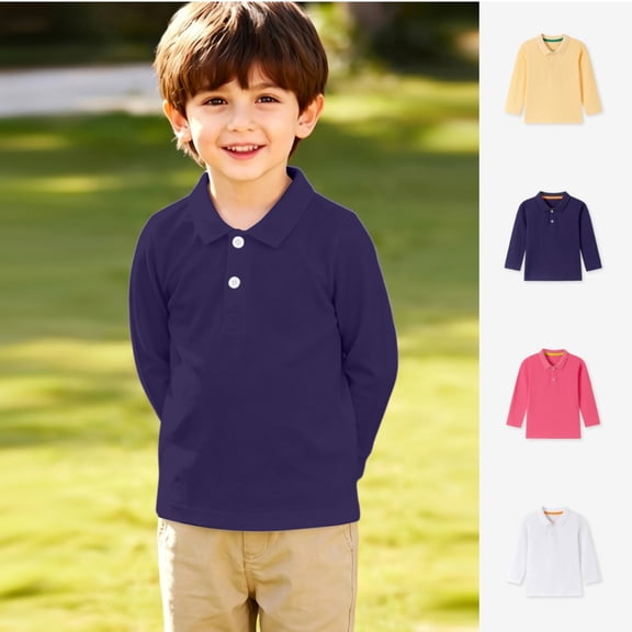 Polo Shirts for Kids School Uniform Relaxed Fit Back To School Long Sleeve Button Up Tee Shirts Comfortable Solid Color Pullover for Boys & Girls Navy 1-2 Years