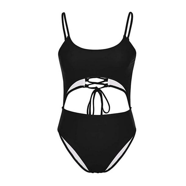 Summer Savings Clearance 2023! WJSXC Women's Bikini Swimsuit Women Scoop  Neck Cut Out Front Lace Up Back High Cut Monokini One-Piece Swimsuit Black  S 