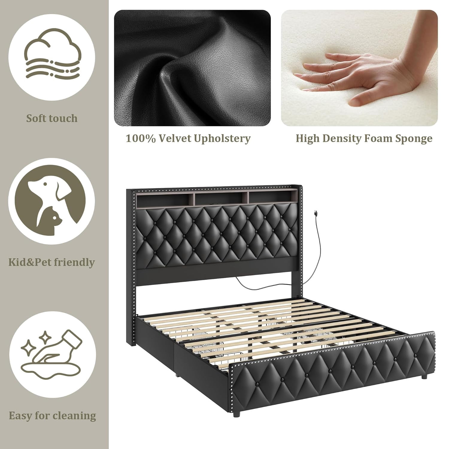 Queen Upholstered Bed Frame with Storage – 50.8" Tall PU Leather Headboard, 4 Drawers, USB Charging Station & RGB LED Lights – No Box Spring Required (Black)