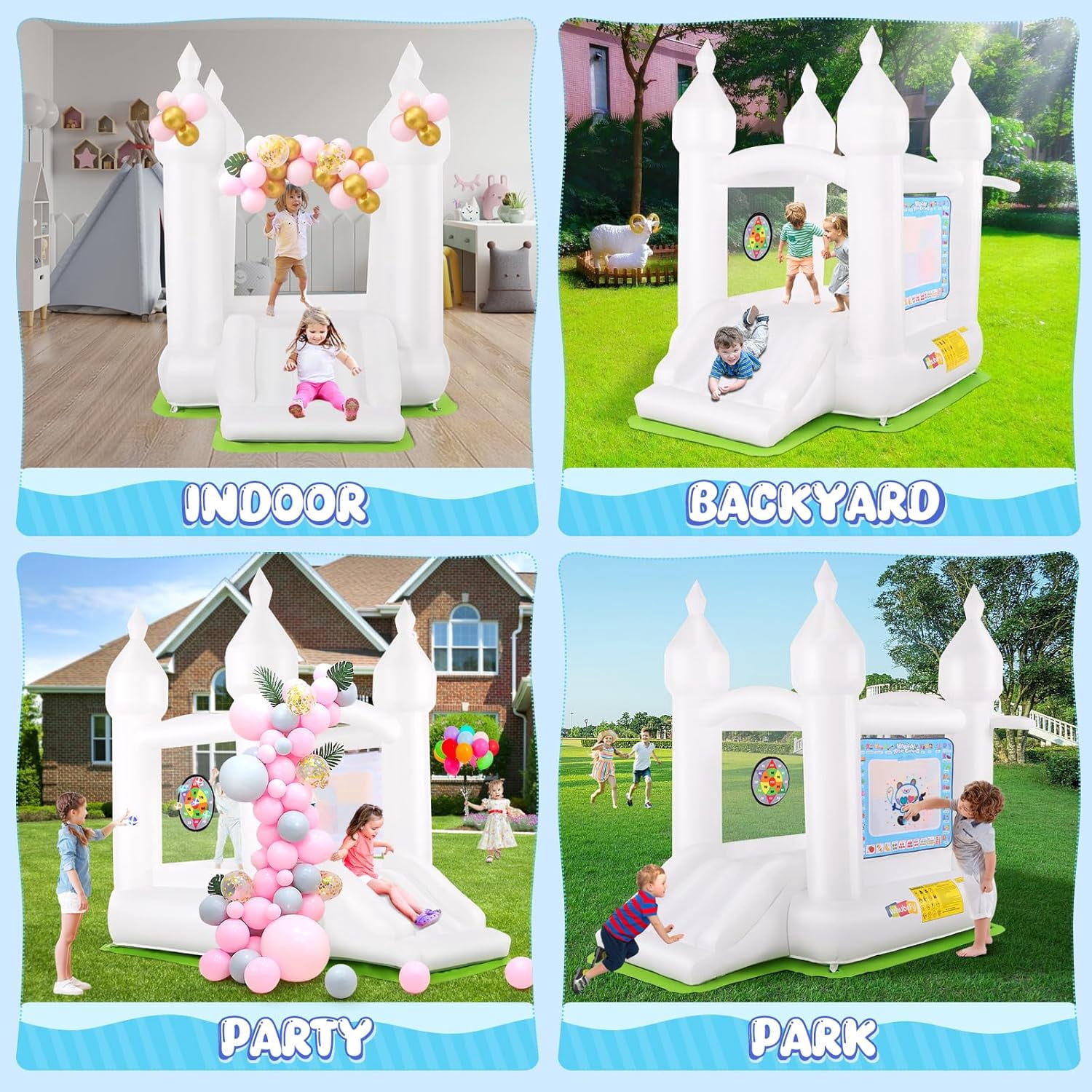 Adnoom Bounce House for Kids 3-8, White Bouncy Castle with Slide, Inflatable Bouncer with Magical Water Canvas, Wedding Party Kids Birthday Party, Indoor & Outdoor