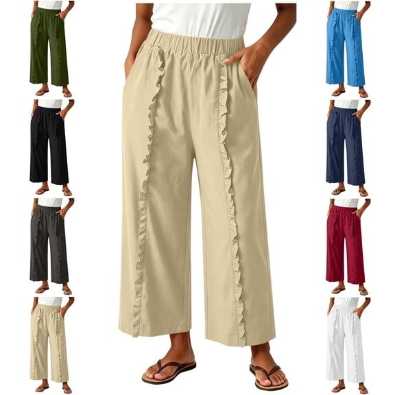 MLCDZ Capri Pants for Women Elastic High Waisted Wide Leg Cotton Linen Palazzo Capris Pull On Loose Flowy Beach Travel Cropped Pants