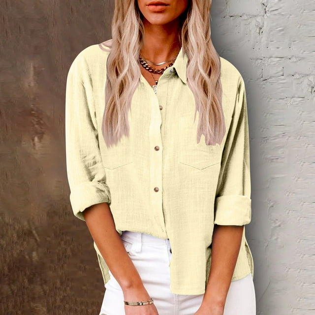 AherBiu Plus Size Women Button down Tops Long Sleeve Lapel Collar Linen Tops Fall Casual Solid Color Cotton Blouses
