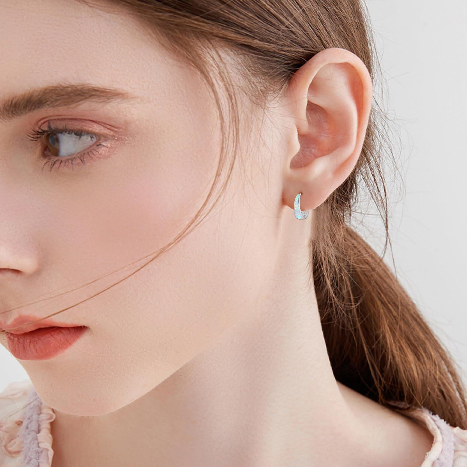 Coachuhhar Opal Earrings for Women 925 Sterling Silver White Opal Hoop Huggie Earrings Hypoallergenic Cartilage Hoops Earrings Opal Jewelry for Mother's Day