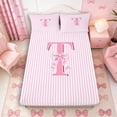 thumbnail image 3 of Meiyoeat Lovely Bow Letter T Full Size Sheets 4-Piece for Girls Youth, Gentle Stripe Bed Sheets for Decor, Light Pink White, 3 of 6