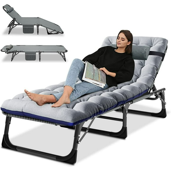 Slsy Portable Folding Camping Cot Bed with 2 Sided Mattress & Pillow, Adjustable 5-Position Folding Lounge Chair, Folding Cot Bed