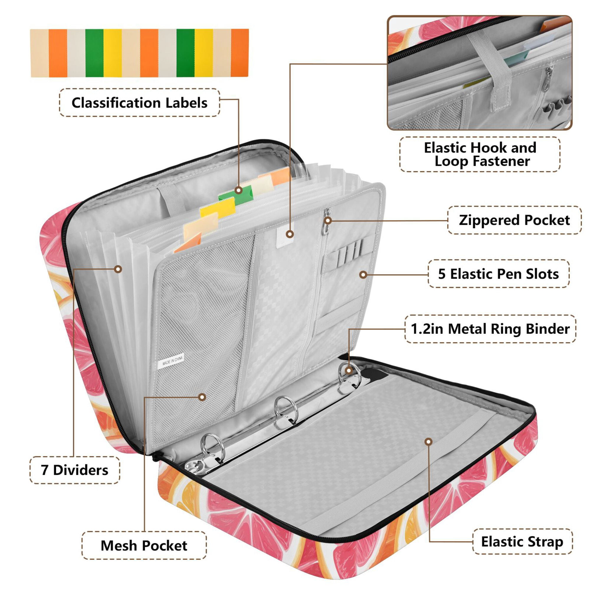 FORMRS Accordion File Folder A4 Size 7-Pocket Expanding Document Organizer Bag with 3 Ring Binder, Pink Grapefruit Slices