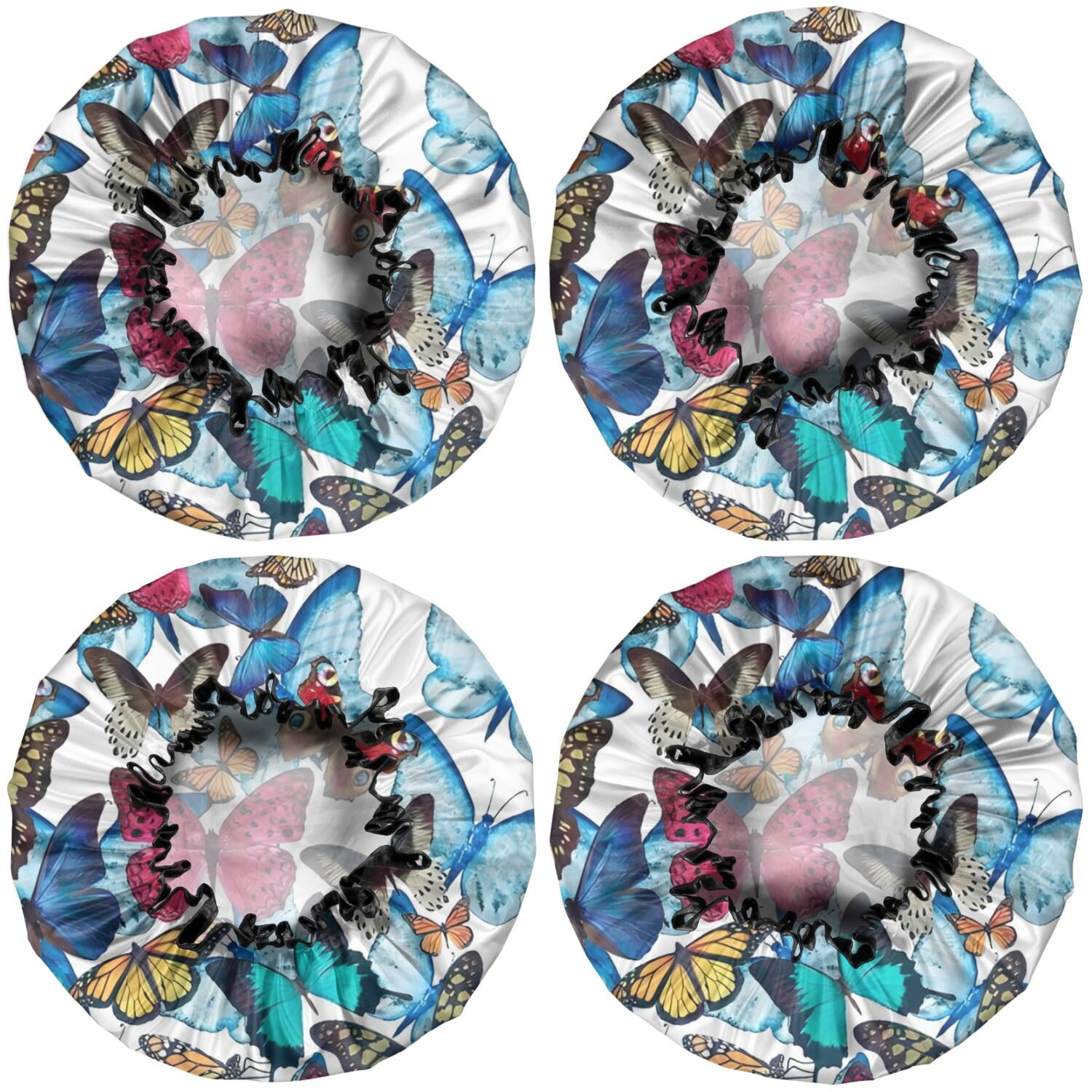 Shower Caps,Butterfly Blue Pink Wing Pattern Waterproof Shower Cap for Women 4 Pieces,Double Reusable Hair Cover for Shower PEVA Elastic Stretch Hem