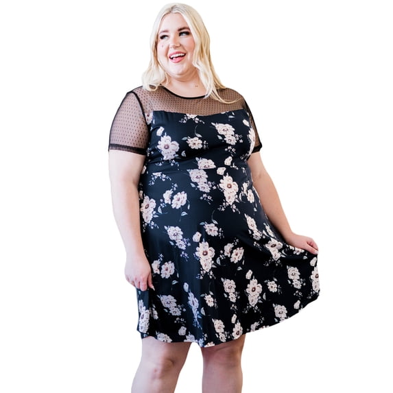 Purcoar Plus size Floral Print Polka Dots Mesh Patch Mini Dress