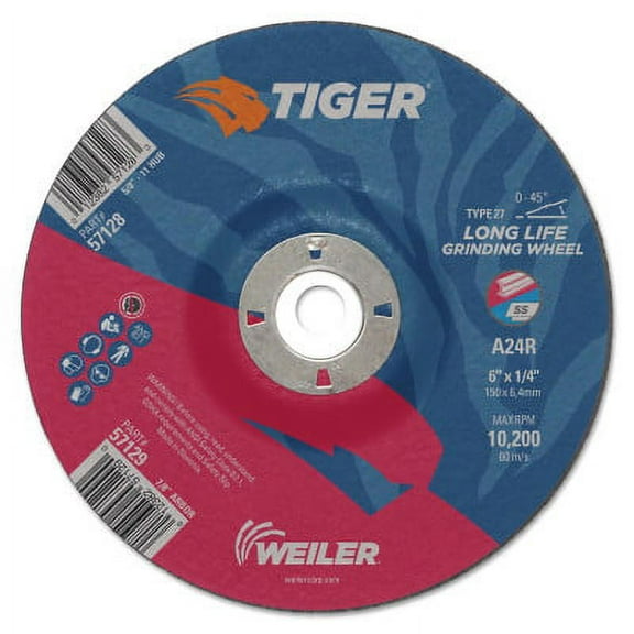 Weiler Tiger Grinding Wheels, 6 in Dia., 1/4 in Thick, 7/8 in Arbor, 24 Grit - 10 EA (804-57129)