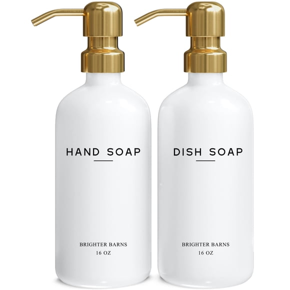 Set dispensador de jabón Brighter Barns Glass, color blanco/dorado, 500 ml